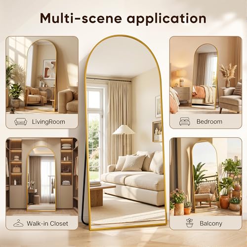 Image of Full Length Mirror, 58 inchx19 inch Arched Floor Mirror Freestanding, Floor Standing Full Body Mirror with Stand for Bedroom, Hanging Mounted for Living Room Cloakroom, Gold
