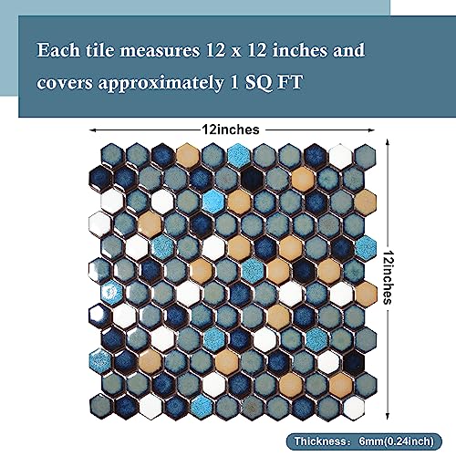 Primoon Hexagon Ceramic Mosaic Tiles, 5 Sheets Cobalt Blue Teal Glazed Aqua Mosaic Tile Sheets Mesh Mounted, Glazed Porcelain Tile for Shower Floor Kitchen Bathroom Accent Wall Backsplash 【5 Sheets】