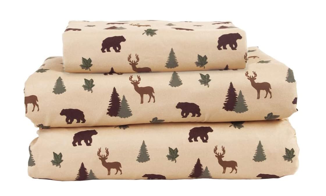 Beatrice Home Fashions Cozy Cabin 3-Piece Twin Microfiber Bedding Sheet Set with Deep Pockets Rustic Patchwork Plaid Deer, Brown Tan Green