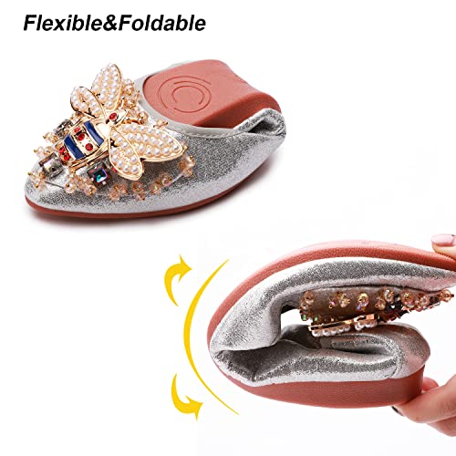 Stylein Women Ballet Flats Rhinestone Bee Ballerina Shoes Foldable Sparkly Comfort Slip On Flat Shoes Silver #TOP4