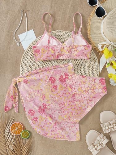 Image of RoseSeek Girls 3 Piece Bikini Set with Beach Skirt Floral Leopard O-Ring Padded Swimsuit for Teen Girls