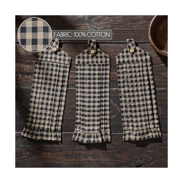   VHC-Brands-Cotton-Black-Check-Button-Loop-Kitchen-Towel-Set-of-3-Hanging-Kitchen-Towel-Pleated-Bath-Kitchen-Black-Check-Collection-Rectangle-21x7-Country-Black