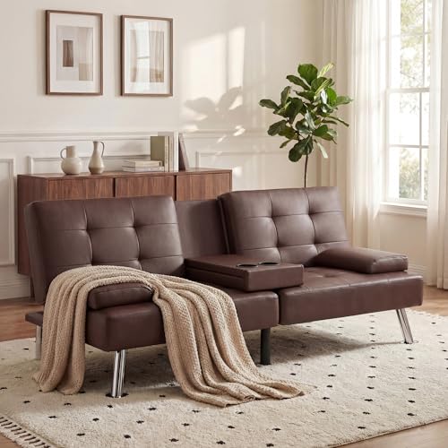 YESHOMY Modern Futon Sofa Bed Convertible Futon Couch with Adjustable Backrest Futon Loveseat Sleeper Sofa Bed with Armrest for Living Room Small Spaces PU Leather Brown