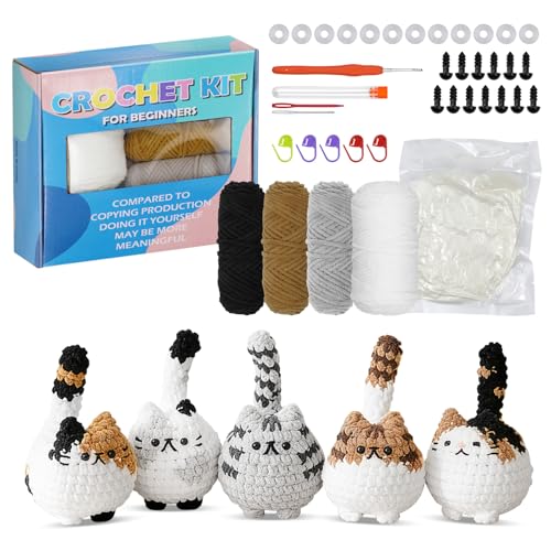 Kit de Crochet para Principiantes Gatos – Set de Ganchillo Animales con Hilo y Accesorios, Instrucciones Paso a Paso, 5 Gatitos Hechos a Mano