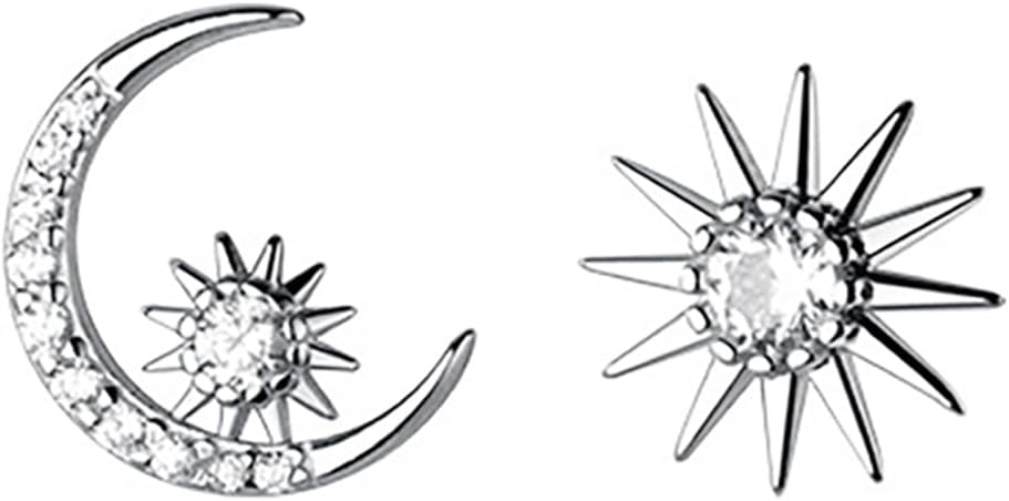 Reffeer Solid 925 Sterling Silver CZ Moon Star Earrings Stud for Women Teens Moon Sun Studs Earrings Asymmetric