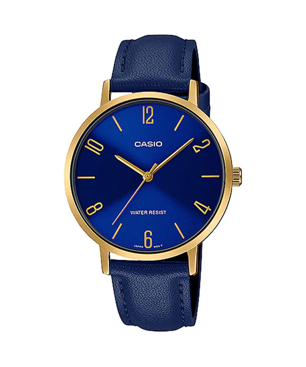 LTP-VT01GL-2B Women's Minimalistic Gold Tone Blue Leather Band Blue Dial 3-Hand Analog Watch