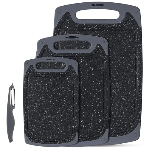 Schneidebrett-Set, Küchen-Schneidebretter mit rutschfesten Füßen und tiefer Saftrille, BPA-freie Kunststoff-Schneidebretter, spülmaschinenfest, Schwarz