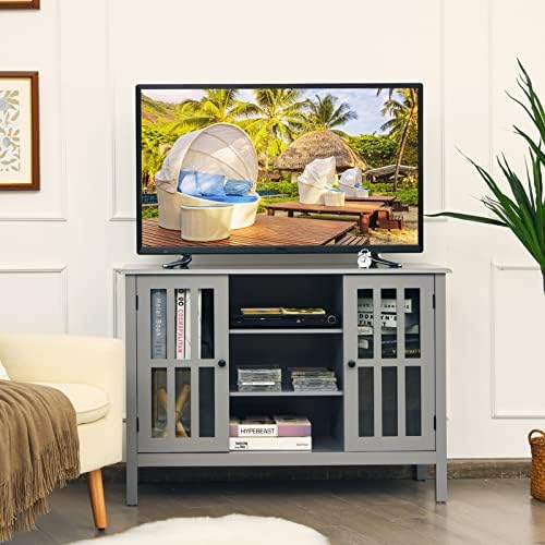 COSTWAY TV Stand for TVs up to 50 Inches, Wooden TV Cabinet Media Entertainment Center with 2 Tempered Glass Doors and 3 Storage Shelves, Home Living Room Bedroom Television Console Table (Grey)