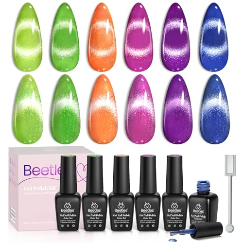 Image of Beetles Cat Eye Gel Nail Polish Set, 6 Colors Summer Neon Holographic Glitter Gel Polish Kit Hot Pink Orange Purple Blue Green Magnetic Nail Polish Soak Off UV French Nail Art Gift for Women