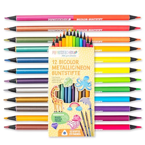 Papierdrachen Juego de 12 lápices de colores bicolores, 24 colores intensos, madera, triangulares, irrompibles, escolar, guardería, pintura, niños, metalizado neón