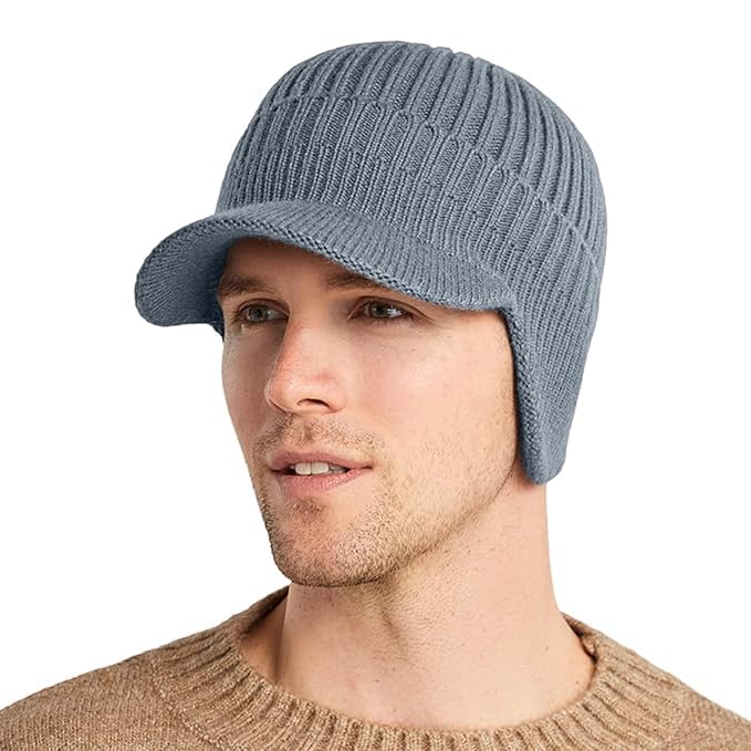 Mens Wool Winter Beanie Earflaps Cap with Warmer Outdoor Fleece Hat with Visor