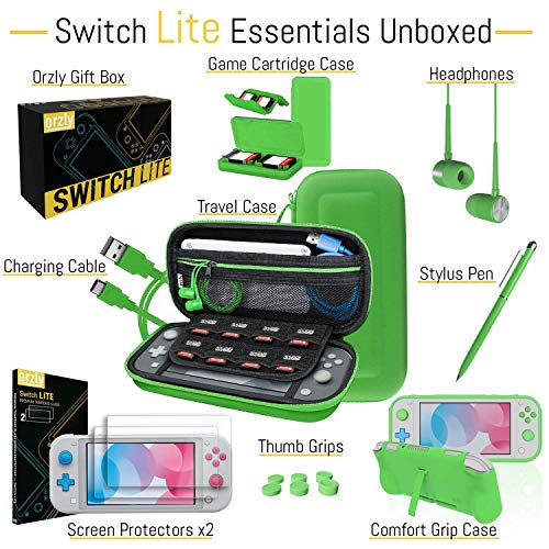 Image of Orzly Switch Lite Accessories Bundle - Case & Screen Protector for Nintendo Switch Lite Console, USB Cable, Games Holder, Comfort Grip Case, Headphones, Thumb-Grip Pack & More - Green