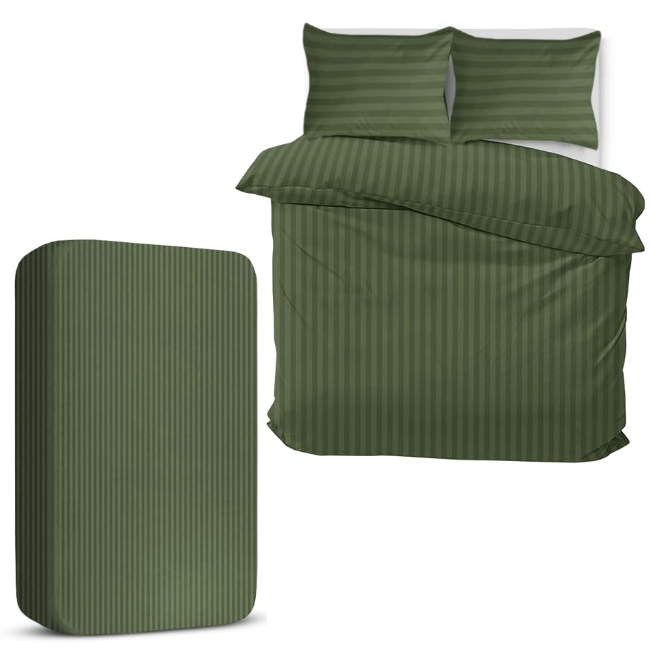 MOONLIGHT20015 King Size Duvet Cover Sets 4 Piece Satin Stripe Duvet Covers Soft Brushed Microfiber Bedding Set including Fitted Sheet & 2 Pillow Cases (Olive Green