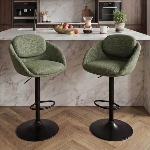 Ya-Home Tabouret de Bar Pivotant Lot de 2 Chaises de Bar en Chenille Chaise Haute Cuisine Réglable en Hauteur Tabouret Haut avec Double Dossier Courbé, Vert