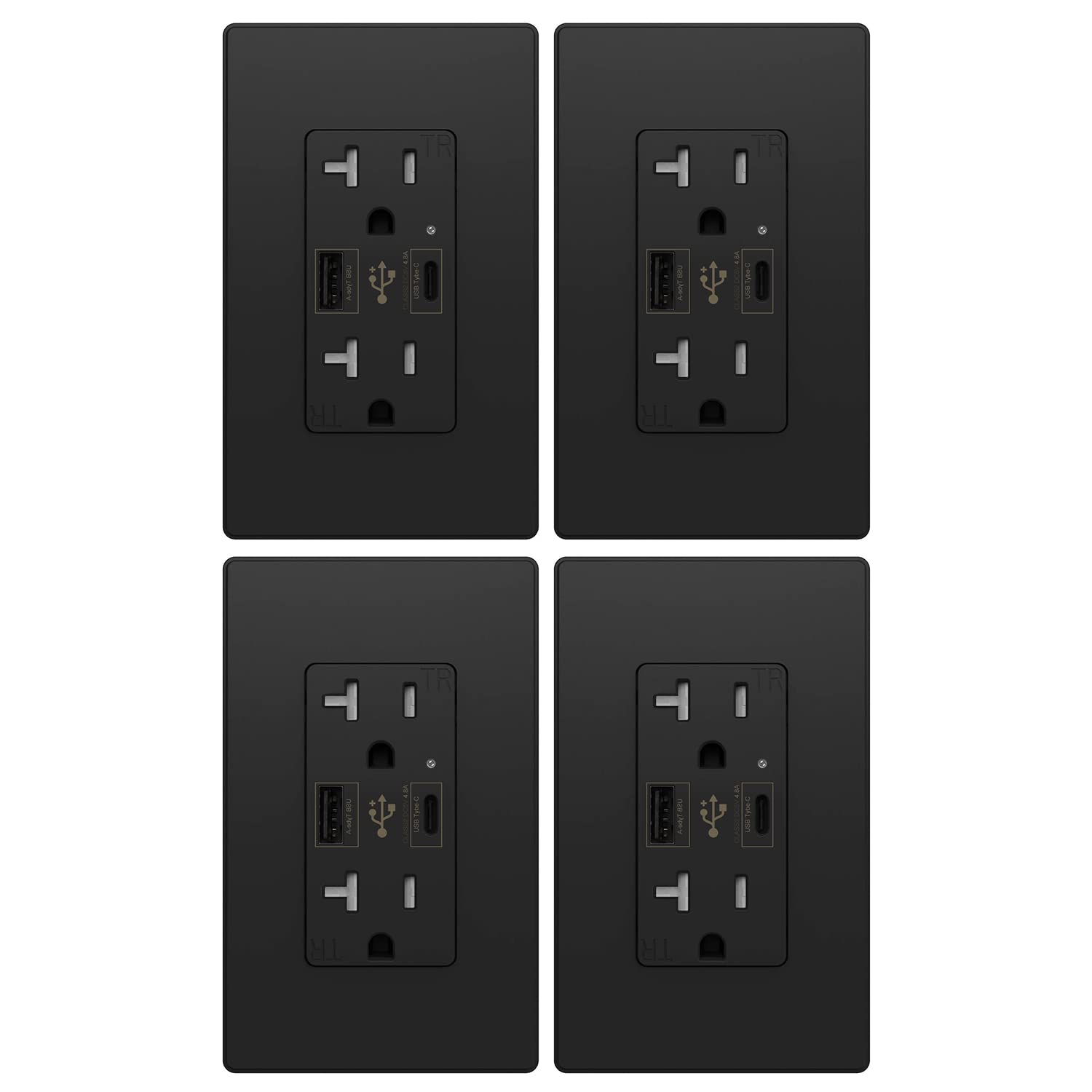 Micmi USB Outlet Wall Dual High Speed Receptacle Smart Fast Charging Capability, Tamper Resistant Wall Plate Included UL Listed (4, Black, 24W USB c PD 20Amp Outlet)