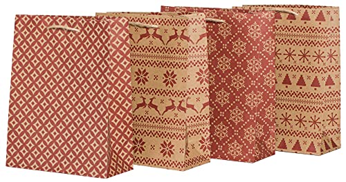 100% Mosel Geschenktüten Weihnachten, in Natur/Rot, 12 Stück (18 x 23 x 8 cm), Weihnachtstaschen aus Kraftpapier, Geschenkverpackung im Skandilook Cover