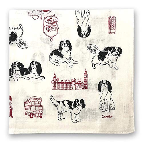 (リネンラ・ヴィ)Linen la vie 「キャバリア ドック」 日本製 リネン 麻100% ハンカチ スカーフ 風呂敷 お弁当包み 女性用 男性用 44cm 大判 犬猫 ギフト対応可 (ホワイト)