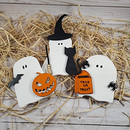3 Pieces Halloween Decor Wooden Ghost Sign Table Tiered Tray Decorations, Trick or Treat Candy Sign Blocks for Party Home Shelf Display (B)