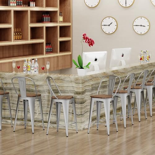 Image of Aklaus Swivel Metal Bar Stools with Backs Counter Stools Set of 4 Counter Height Stools High Back Bar Chairs 26 Inches Barstools Farmhouse Silver