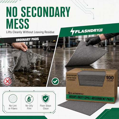 Image of FLASHDRY Universal Heavy Duty Spill Absorbent Pads, Chemical & Oil Absorbing Pads 100 Pack - 300GSM /4mm for Garage, Workshop, Automotive, and Industrial Use - 17.5 inchx13.5 inch Perforated, Dispenser Box
