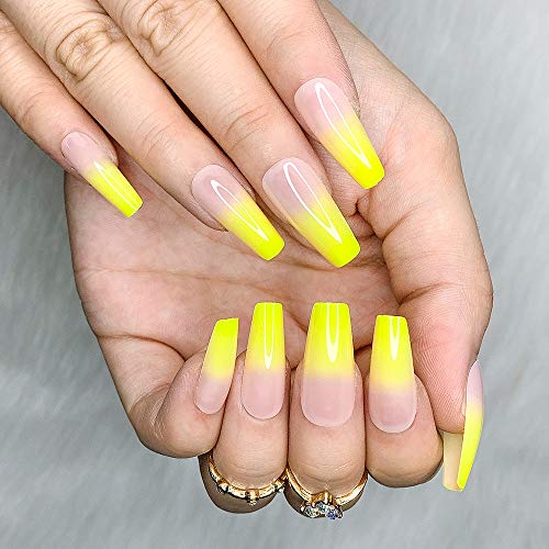 Artquee 24Pcs French Yellow Ballerina Nude Ombre Long Coffin Glossy Fake Nails Press On Nail False Tips Manicure For Women And Girls #TOP1
