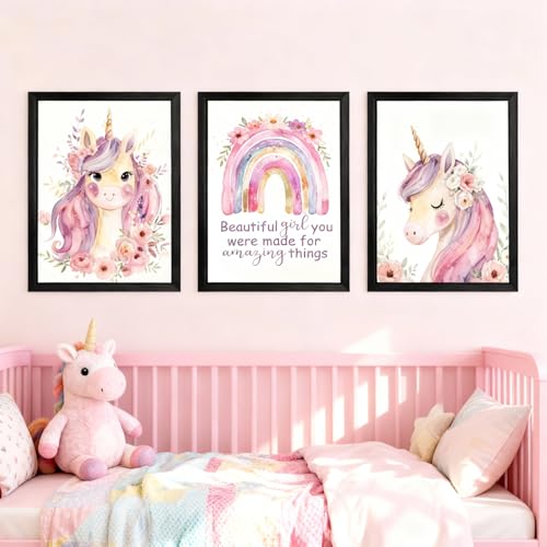 Cute Pink Unicorn Girl Quote Framed Wall Art Set of 3 Lovely Pastel Purple Rainbow Saying Sign for Baby Kid Toddlers Cozy Watercolor Wooden Preschool Inspirational Flower Nursery Wall Decor Black