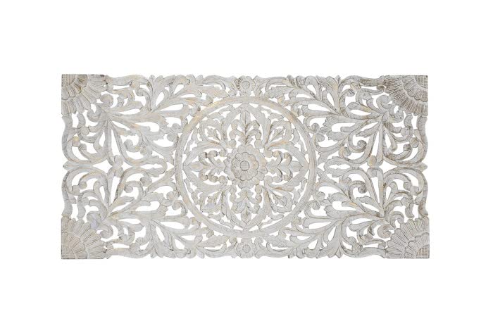 DRW Tête de lit de 180 cm Mandala en Bois sculpté et ajouré décapé 193 x 92 x 79 cm, Blanc et doré, 193x92x79 cm