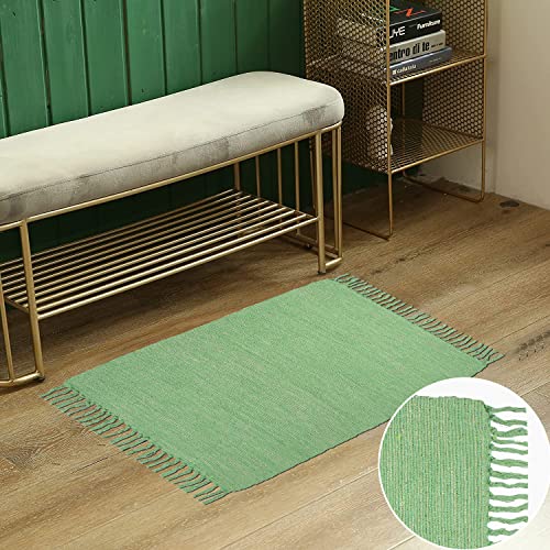 Asraie Eco Friendly Hand Woven & Reversible Cotton Ribbed Rag Rug 100% Recycled Cotton Area Rug For Living Room Kitchen Entryway 2X3' (Green) #TOP6