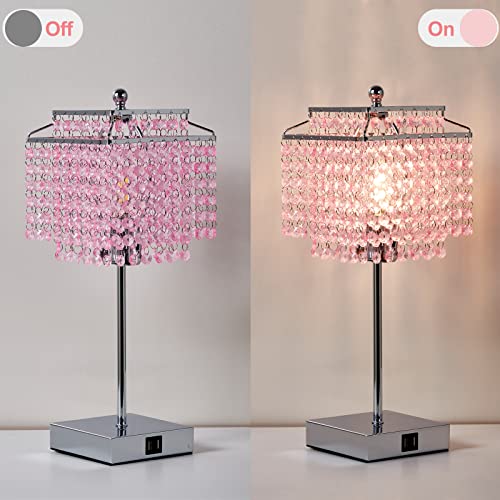 Image of Luvkczc Set of 2 Bedside Pink Crystal Table Lamp, Touch Control Crystal Lamp, Dimmable Lamp for Bedroom, Girl Living Room, 6W B11 Bulb Included