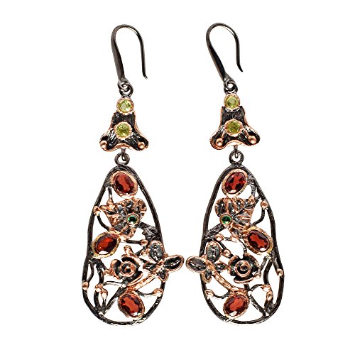 Boucles d'oreilles grenat et chrome diopside en argent plaqué or rose