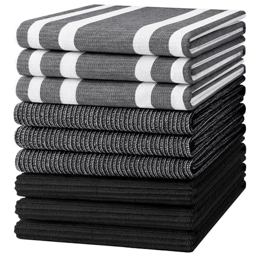 Image of Homaxy Premium Kitchen Towels(18 inchx 28 inch, 9 Pack), Large Cotton 380 GSM Kitchen Hand Towels, Soft and Absorbent Terry Dish Towels, Multipurpose Tea Towel Set with Hanging Loop, Black