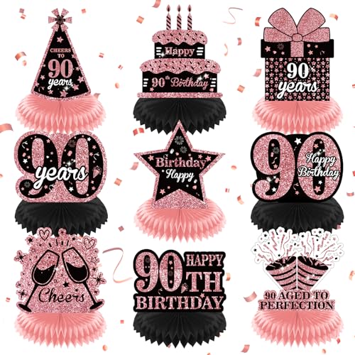 9Pcs Rose Gold 90th Birthday Decorations Rose Gold Black Happy 90th Birthday Table Honeycomb Centerpieces for Table Decor 90th Birthday Table Topper for Women 90th Birthday Anniversary Party Supplies