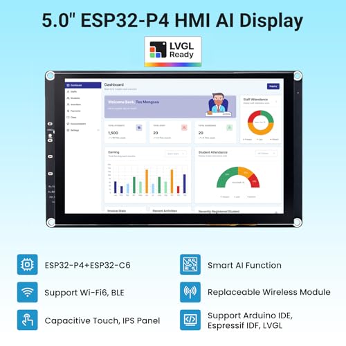 Image of 5 Inch ESP32-P4 Display, 800x480 IPS Touch Screen with ESP32-P4 & ESP32-C6, Up to 400MHz, Support Wi-Fi 6, Bluetooth 5.3 (BLE), AI Speech Interaction, Compatible with Arduino, ESP-IDF, LVGL