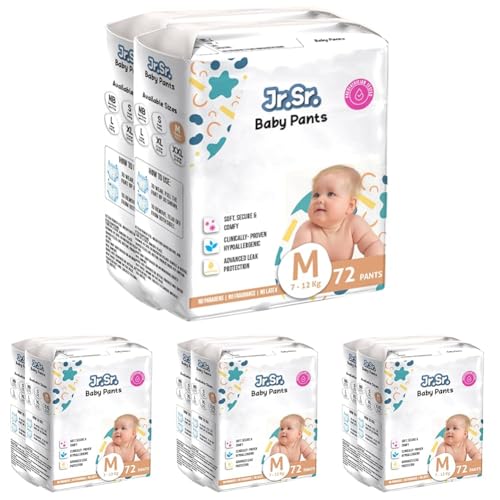 Image of Jr. Sr. Baby Diaper Pants | Medium (M) Size (7-12 kg), 144 Count | Pack of 8 | Upto 12 hr Absorption with Advanced Leak Protection | Safe For Babies Skin | Soft, Secure & Comfy