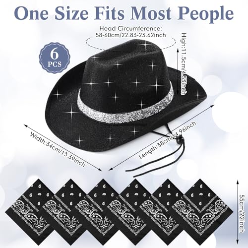 Image of Coume 12 Pcs Sparkly Adults Cowboy Hat and Bandanas Women Men Western Glitter Cowgirl Party Hats with Adjustable Drawstring