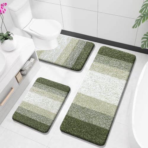 OLANLY Microfiber Bathroom Rugs Sets 3 Piece, Soft Bath Mats, Dark Green