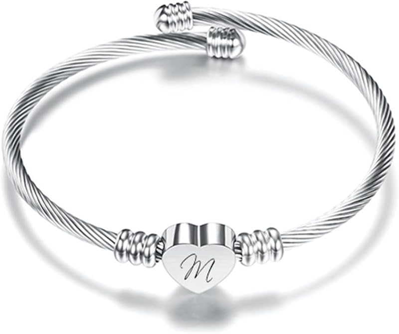 A-Z Plata Amor Corazón Letra Inicial Alfabeto Nombre Brazalete Brazalete Abierto Joyería Ajustable Regalo Para Hija Hermanas Amigos Mamá Cumpleaños Compatible Con Pandora Clip Charm