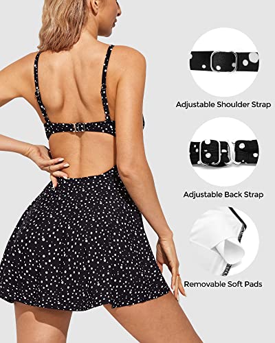 Iuga One Piece Bathing Suit For Women Tummy Control V Neck Bathing Suits Tie-Knot Front A-Lined Hem Womens Swimsuits Black Polka Dot #TOP1