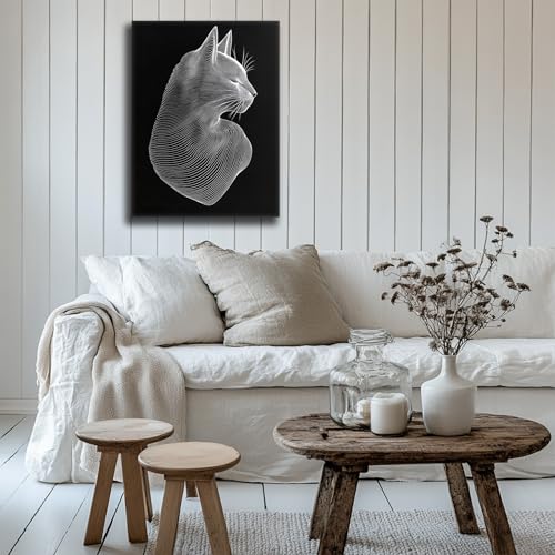 Tableau chat noir et blanc minimaliste art abstrait zen 40x60cm encadré - 3