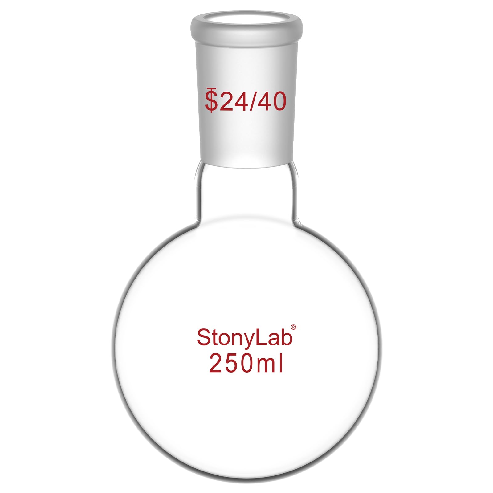 StonyLab Glass 250ml Short Neck Round Bottom Flask, Borosilicate Glass Single Neck Heavy Wall Flask RBF with 24/40 Standard Taper Outer Joint - 250ml