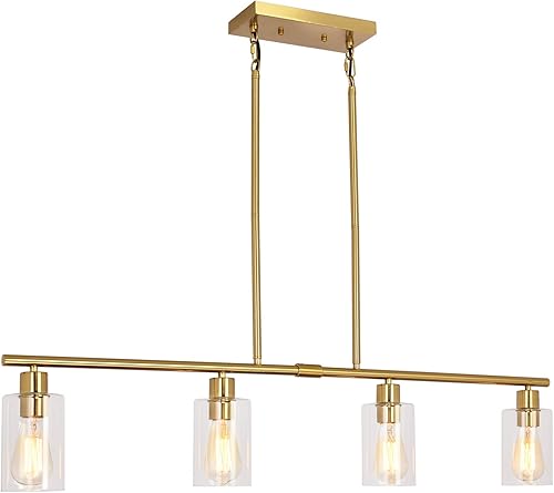 Candelabro Moderno Dorado para Isla de Cocina de 4 Luces Latón Cepillado Lámpara Colgante Estilo Granja Industrial Accesorio de Iluminación para