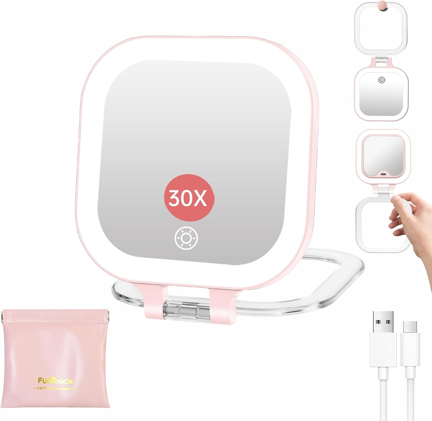 FUNTOUCH Rechargeable Travel Makeup Mirror, 20X/1X Magnifying Double Sided Makeup Mirror, Lighted Portable Vanity Mirror,3 Colors Lighting & Stepless Dimming,with Tweezers & Bag,Gift for Women,Pink