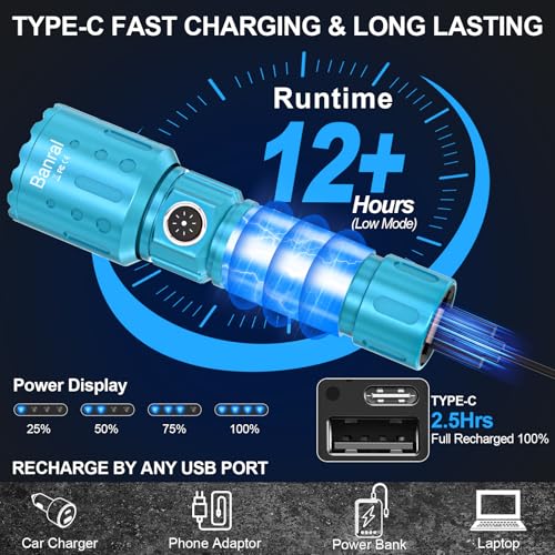 Image of Banral Flashlights High Lumens Rechargeable, Super Bright Long Range Small Powerful Flashlight, 6 Modes LED Tactical Pocket Waterproof Flash Light for Home Emergency (2, Turquoise)