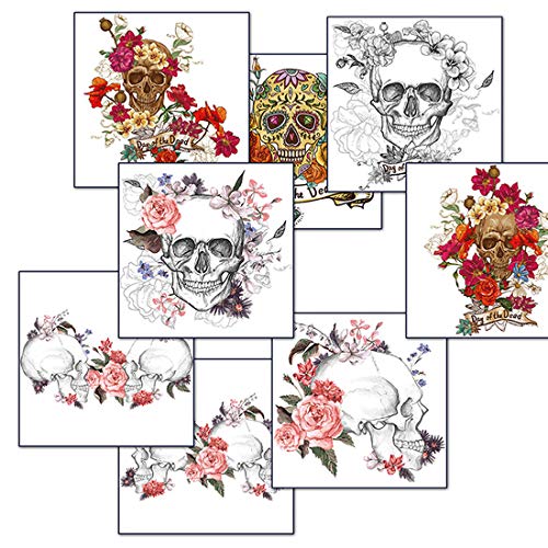 Halloween Temporary Tattoos Day of The Dead Skull Fake Waterproof Body Tattoos Stickers,Roses Tattoos Halloween Makeup for Women Men (8 Sheets)