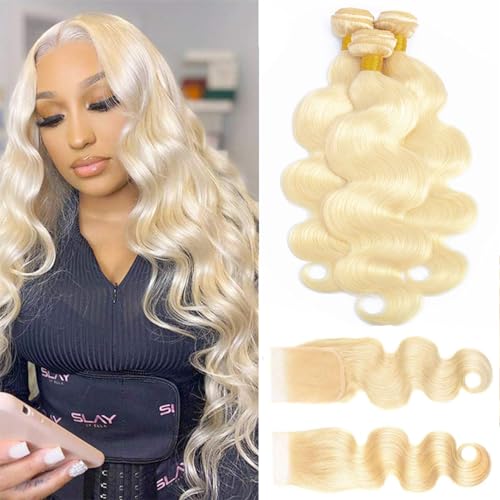 Image of 613 Blonde Body Wave Bundles Human Hair with Closure (20 22 24+18 inch) 16A Grade Brazilian Virgin 613 Blonde Body Wave Human Hair 3 Bundles with Transparent Lace Closure