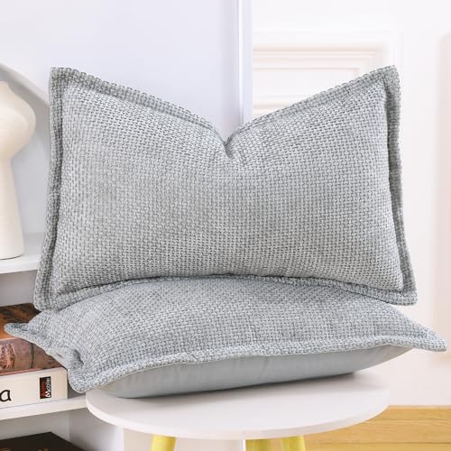 Image of MADIZZ Decorative Chenille Velvet Throw Pillow Covers Set of 2 Soft Boho Textured Neutral Couch Throw Pillow for Bed Modern Farmhouse Home Decor for Sofa Livingroom Grey 12x20 Inch