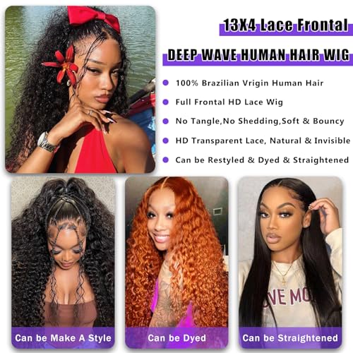 Image of SOEZ 22 Inch Deep Wave Lace Front Wigs Human Hair 13x4 HD Lace Front Wigs Human Hair Pre Plucked Wet Wavy Curly Human Hair Wig 180% Density Water Wave Glueless Frontal Wig with Baby Hair For Women