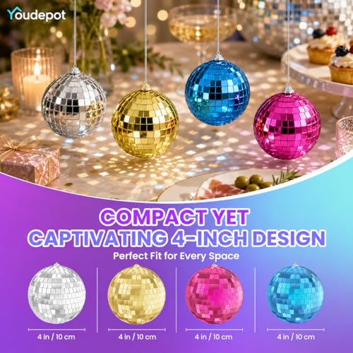 Youdepot - Bolas espejadas de discoteca de 6 pulgadas, paquete de 4 bolas espejadas de colores y luces LED en cadena de 1,97 pulgadas miniatura 7