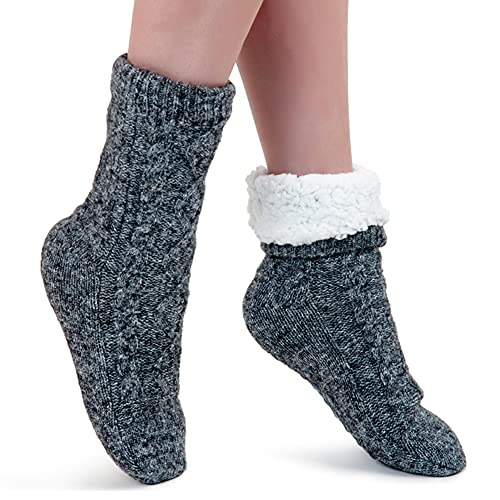 Image of Slipper Socks for Women with Grippers Non Slip, Sherpa Lined Slipper Socks