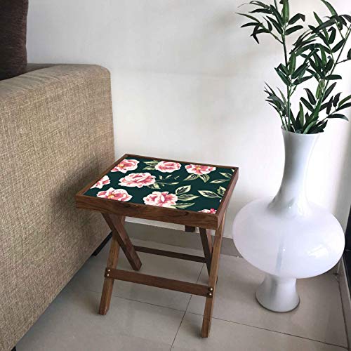 Image of Nutcase Designer Teak Wood Side Table Folding Wooden Bedside Coffee Outdoor Picnic Table - Pink and Black Floral